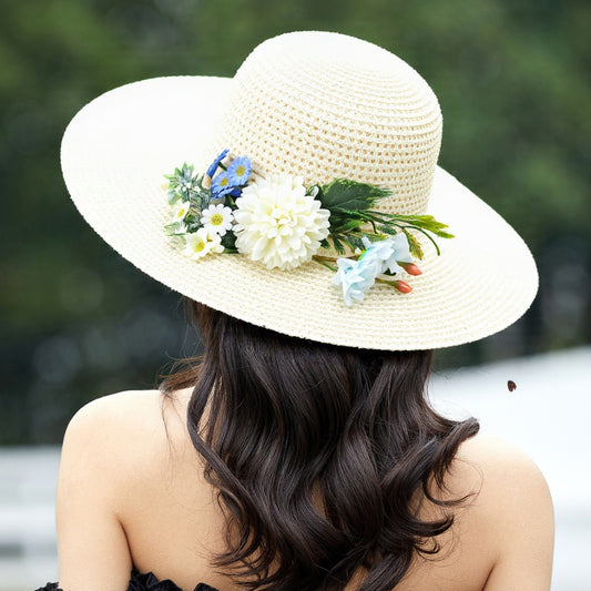 Bucket Hat Flat Brim Straw Hat Women Vacation Sun Hat French Floral Top Hat Sun Hat