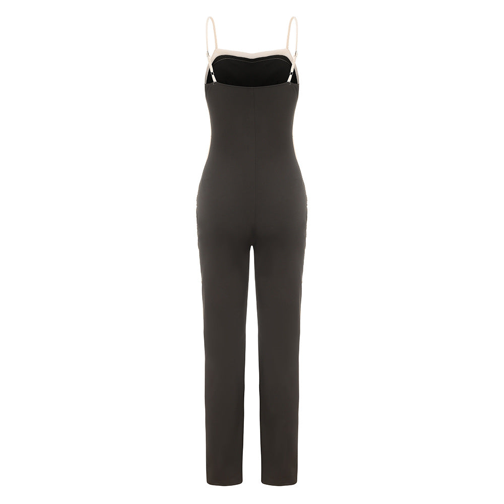 Women Clothing Spring Color Contrast Slim Strap One Piece Trousers