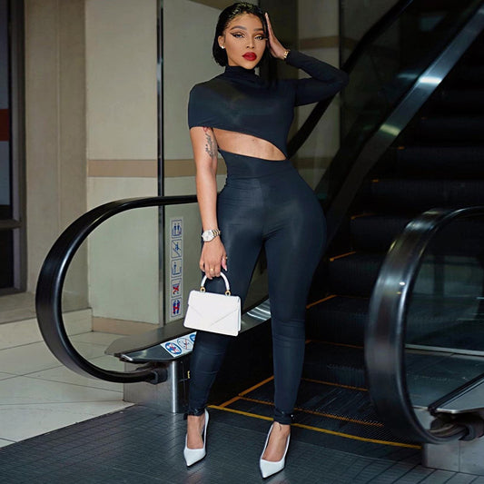 Women Clothing Autumn Sexy Personalized High Elastic Shoulder Long Sleeve Jumpsuit