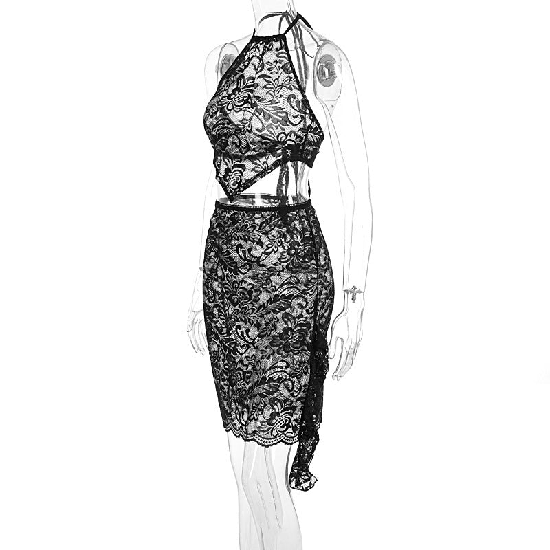 Summer Women Clothing Sexy Halter Lace Backless Top Skirt Two Piece Set