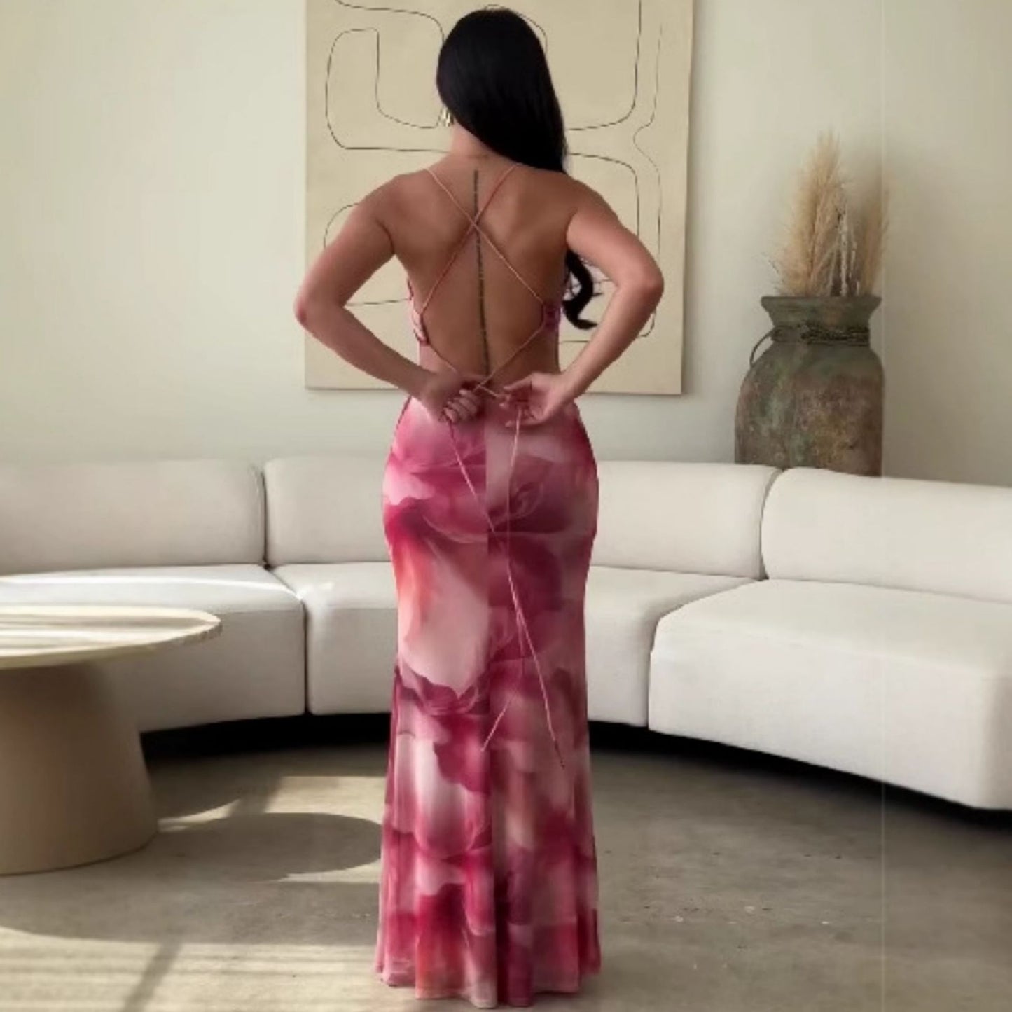 Summer Women Elegant Sexy Print Backless Slim Fit Waist Sheath Dress