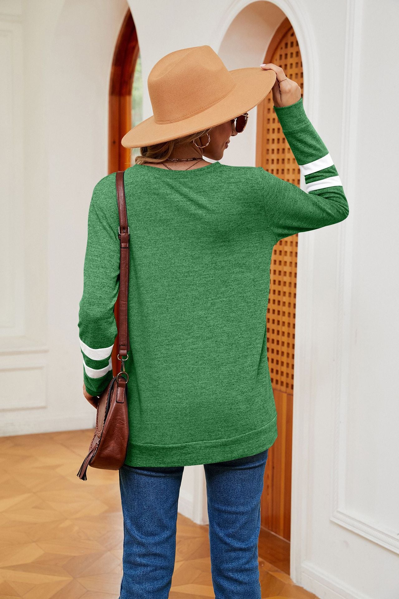Autumn Winter Solid Color V neck Color Contrast Patchwork Loose Long Sleeved T shirt Top