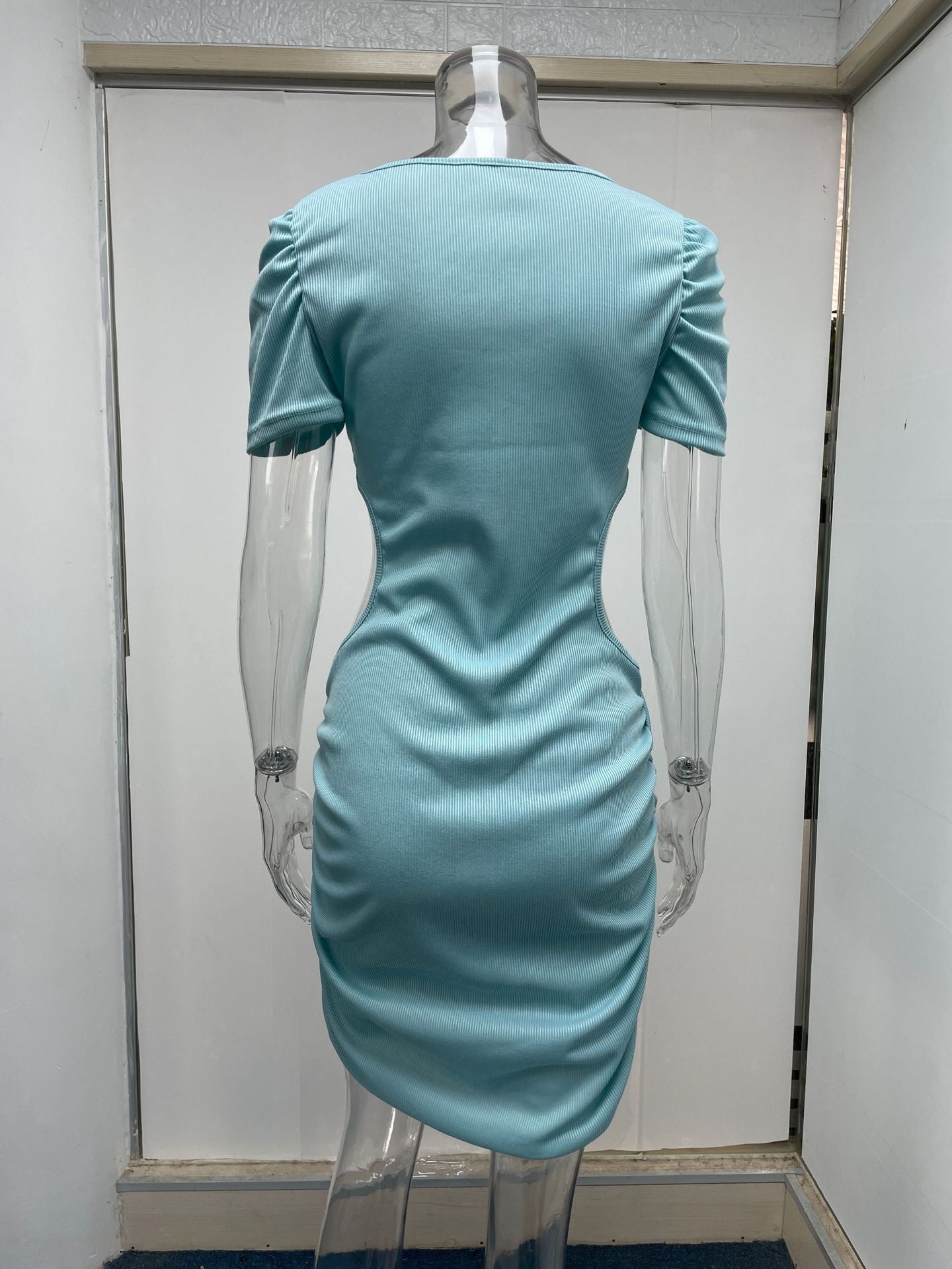 Blue Dress Women Short Sleeved Sheath Skinny Short