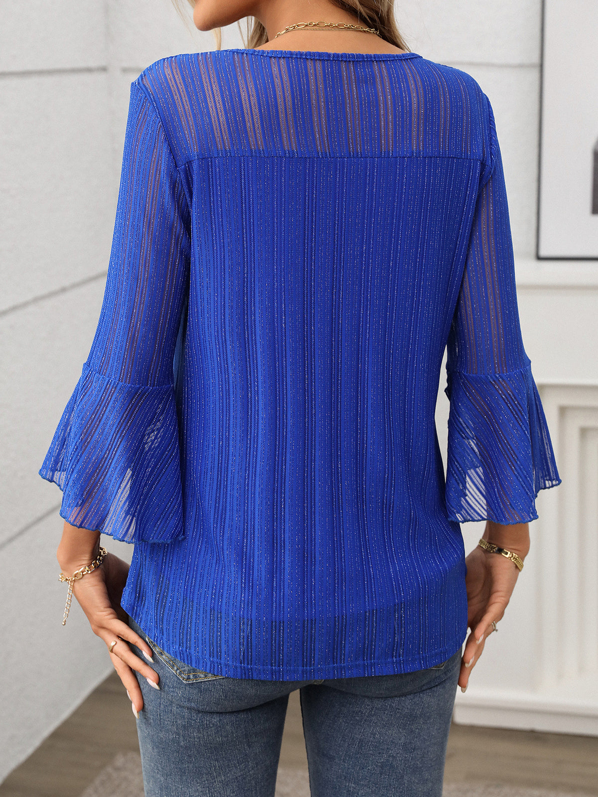 Women Clothing Elegant round Neck Ruffle Sleeve Shiny Mesh Top