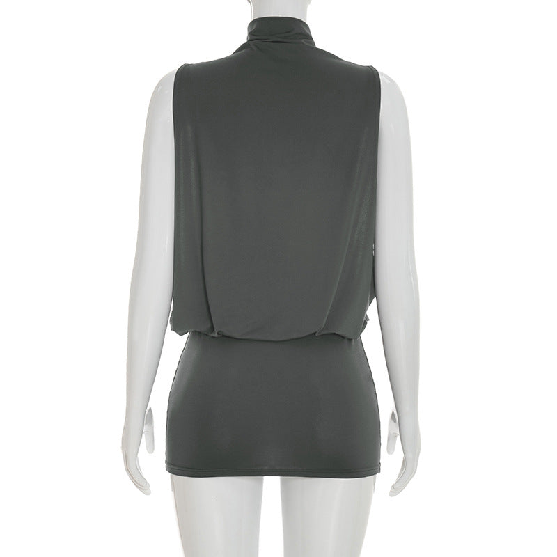 Women Clothing Summer Solid Color Casual Sleeveless Turtleneck Mini Hollow Out Cutout Sheath Short Dress