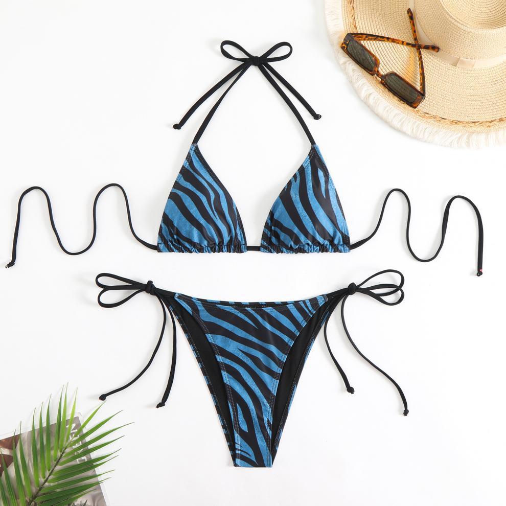 Split Swimsuit Women Striped Lace up Halter Bikini Net Red Printing Swimsuit