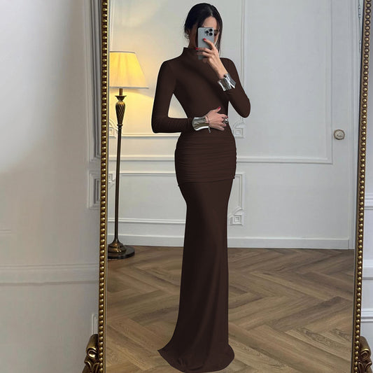 Women Clothing Autumn Solid Color Long Sleeve Slim Fit Fishtail Dress Button Backless Dress Women