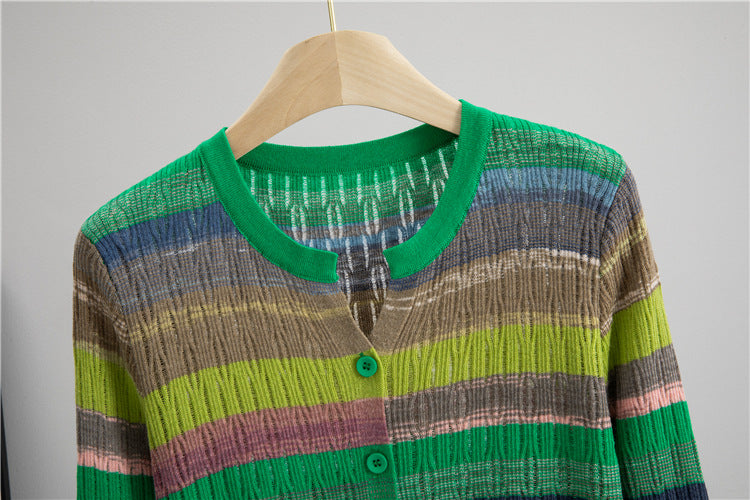 Round Neck Contrast Color Top Women Striped Long Sleeved Coat Autumn Casual Loose Knitted Cardigan