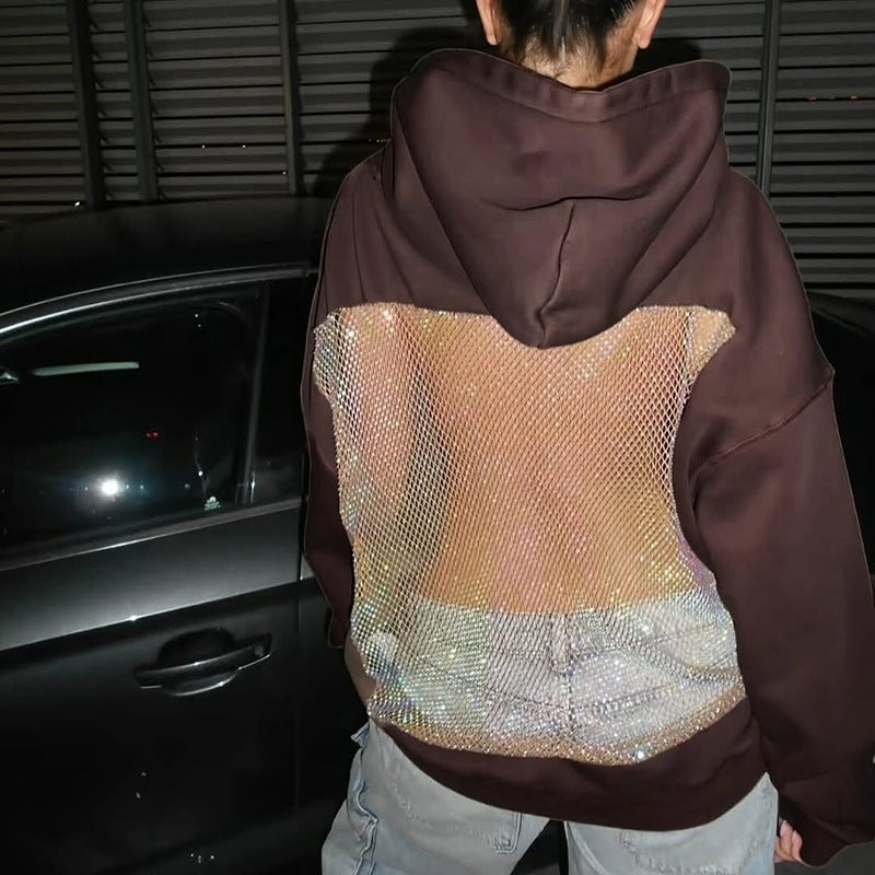 Autumn Winter Women Clothing Sexy See through Mesh Stitching Long Sleeve Hooded Sweater Women