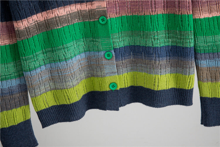 Round Neck Contrast Color Top Women Striped Long Sleeved Coat Autumn Casual Loose Knitted Cardigan