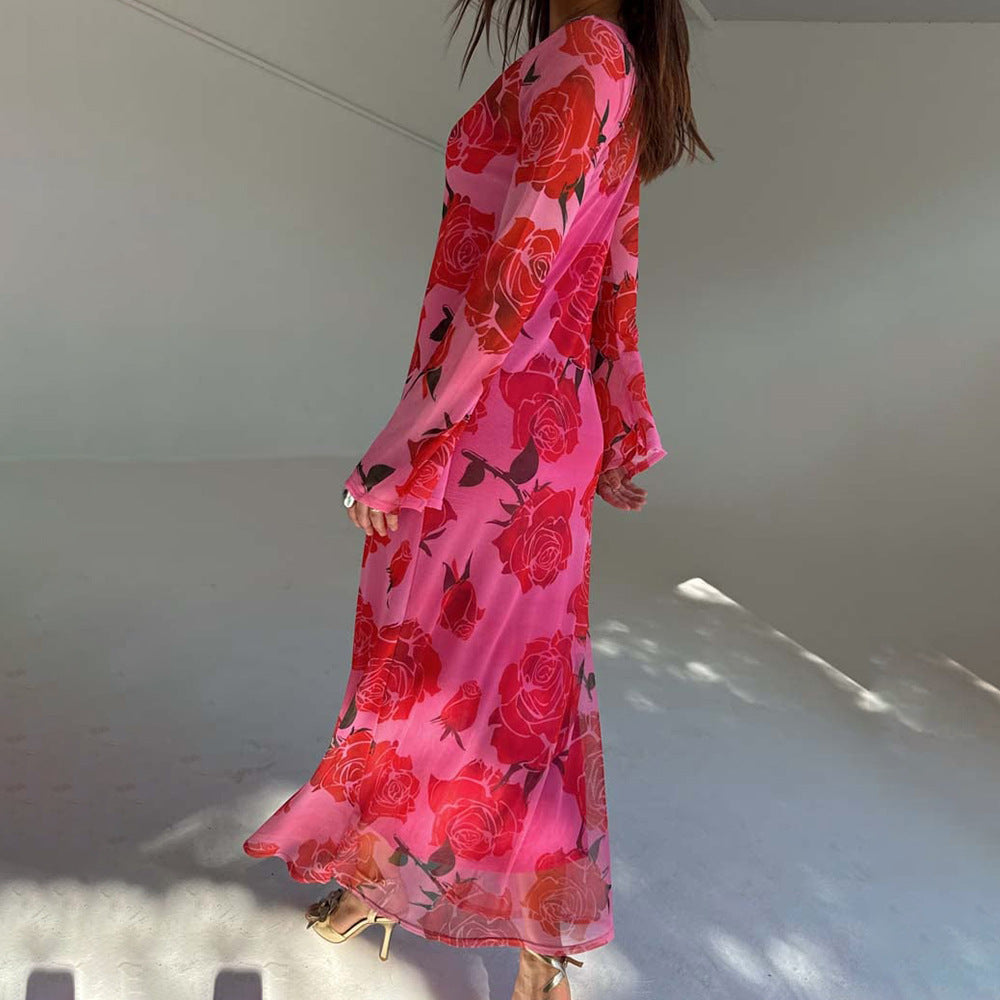 Sexy See through Mesh Floral Print Dress Lazy Casual Wild Dress