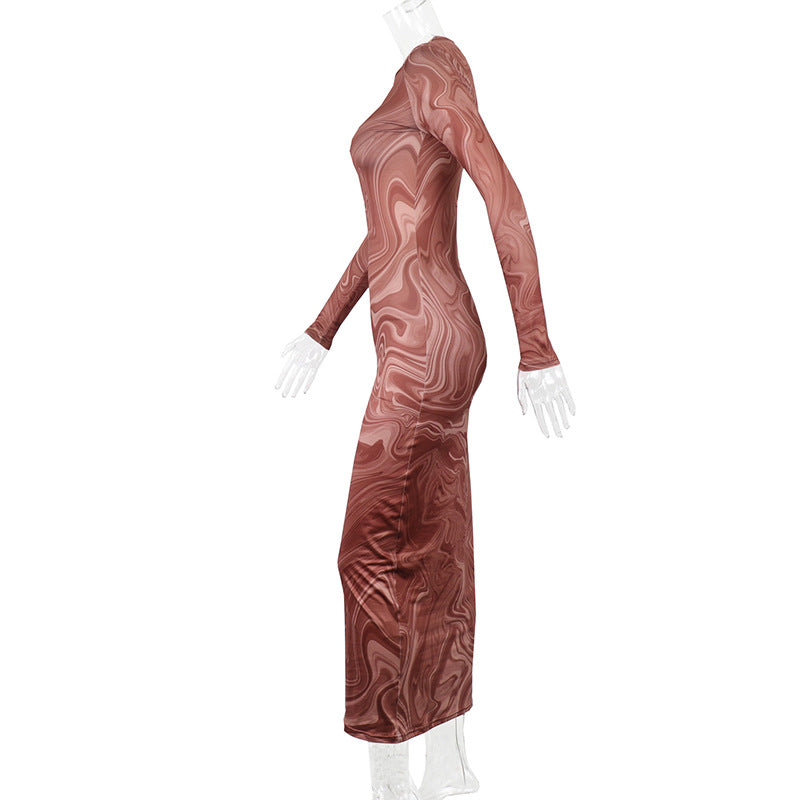 Women Clothing Autumn Winter Print round Neck Long Sleeve Slim Mid Length Dress