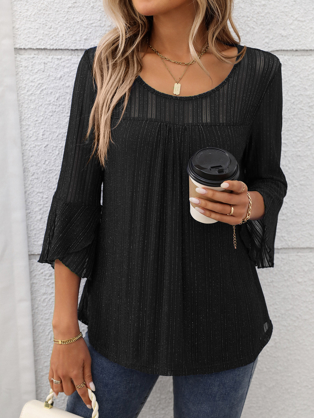Women Clothing Elegant round Neck Ruffle Sleeve Shiny Mesh Top