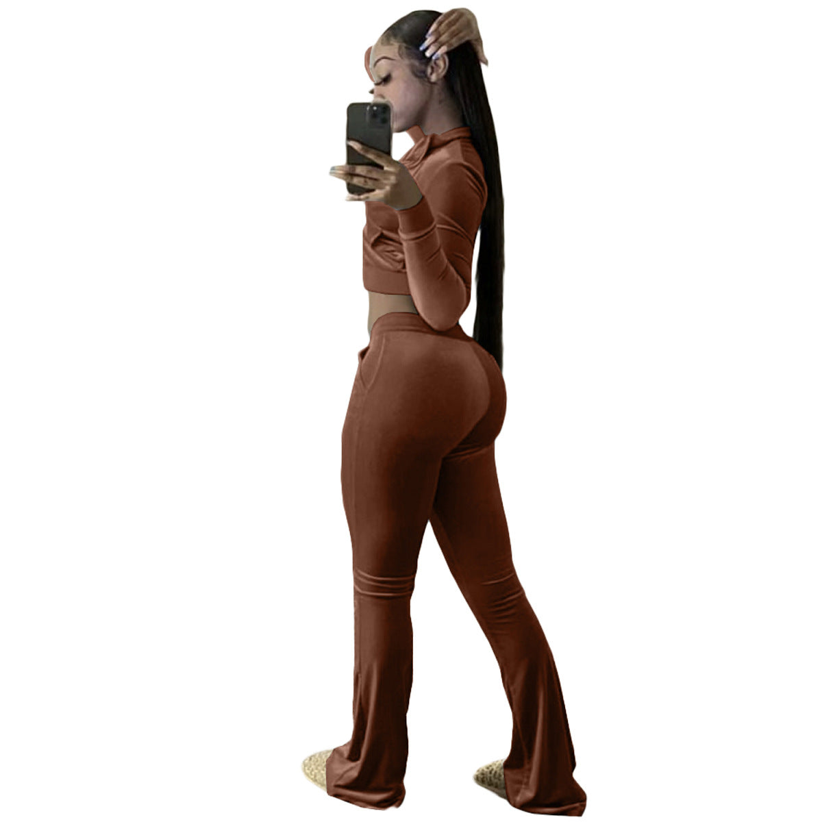 Women Clothing Two-Piece Korean Velvet Solid Color Long Sleeve Sexy cropped Casual Sports Suit