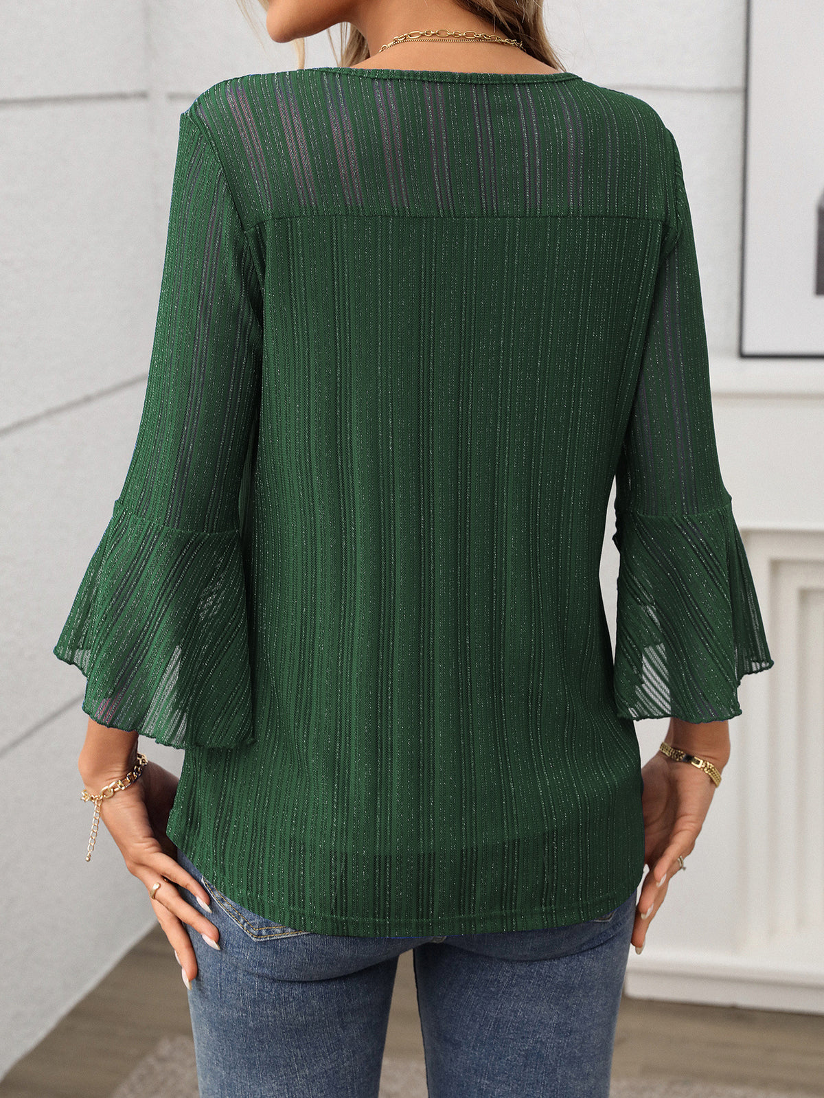 Women Clothing Elegant round Neck Ruffle Sleeve Shiny Mesh Top
