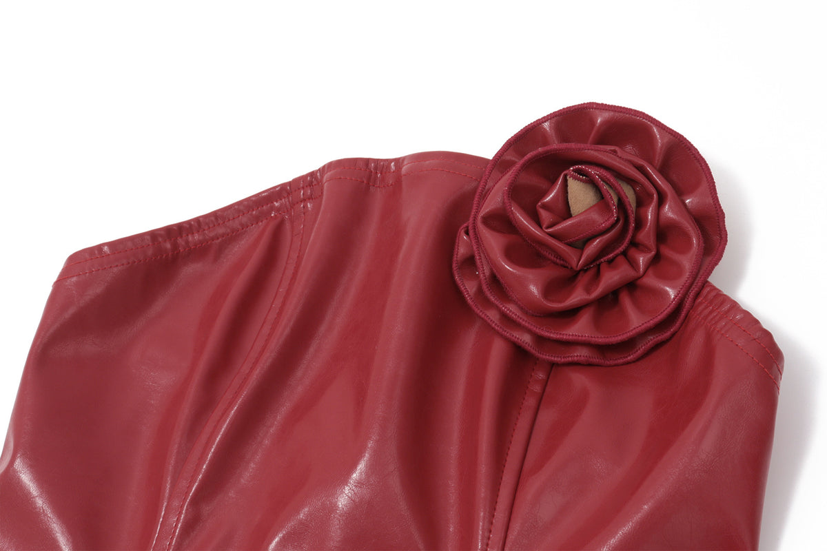Women Clothing Autumn French Sexy Three Dimensional Floral Faux Leather Tube Top Vest Hip Skirt Set