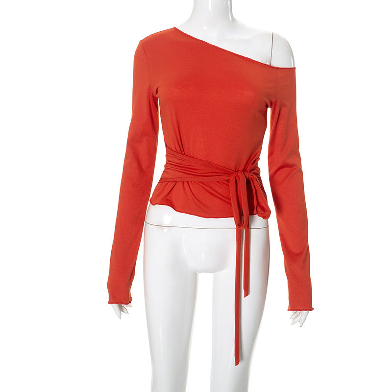 Women Clothing One Shoulder Cold Shoulder Long Sleeve Waist Strap Elegant Short Top