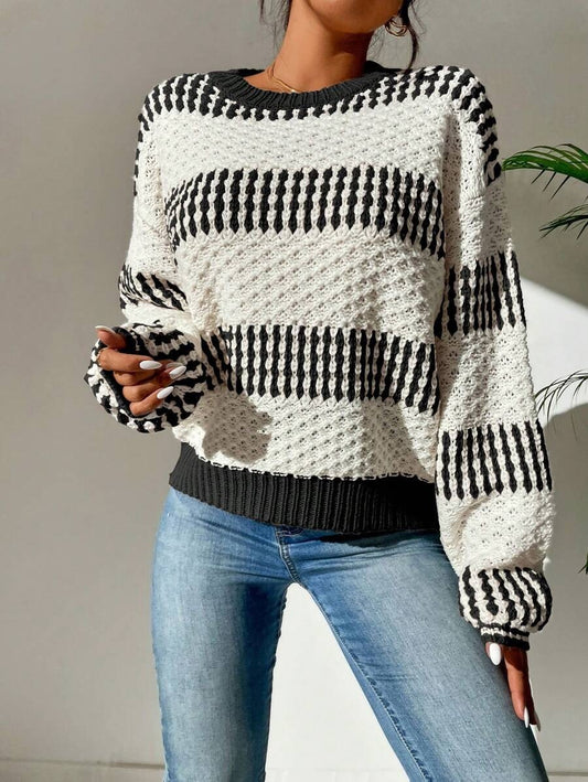 Women Clothing Autumn Winter Casual Loose Sweater Contrast Color Striped Stitching Sweater