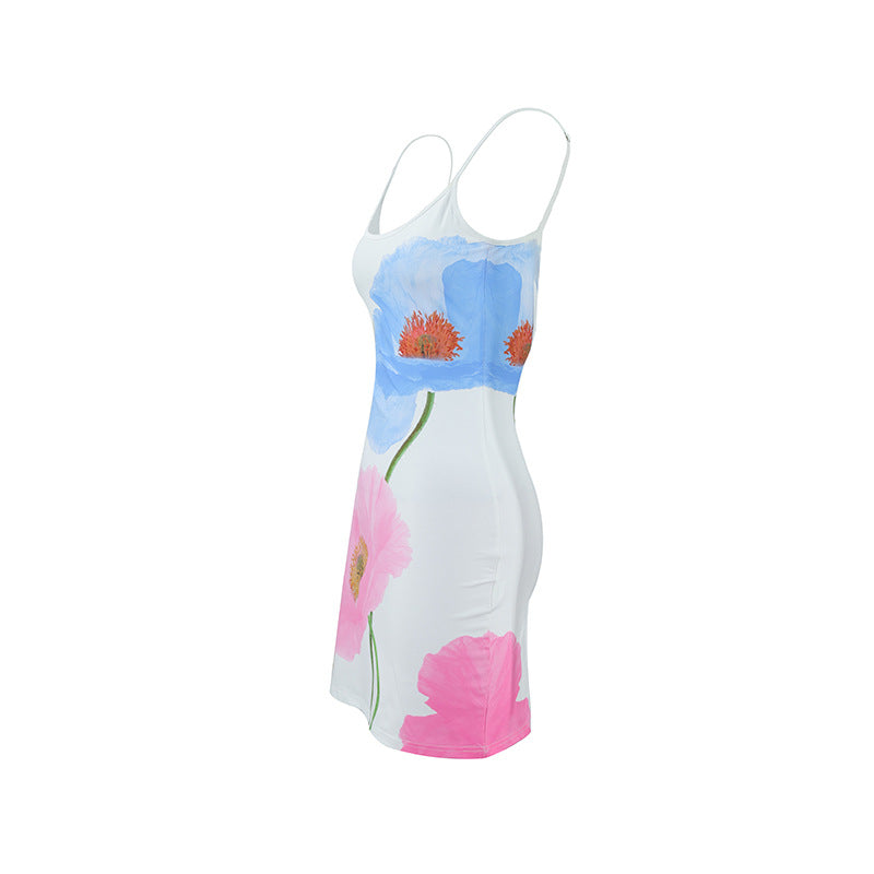 Summer Partysu Women Sling U Neck Backless Slim Fit A line Floral Print Dress