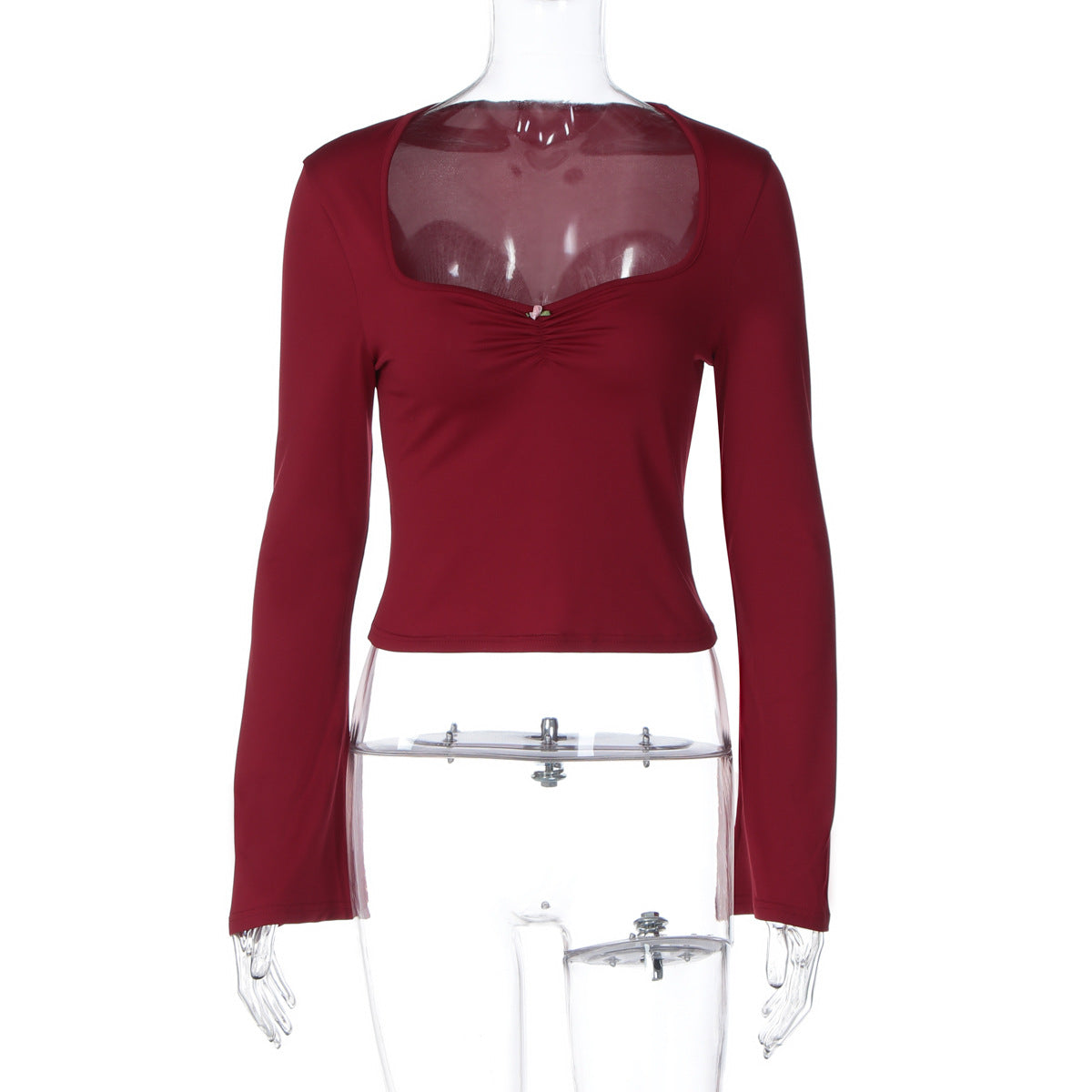 Women Clothing Winter Solid Color Square Collar Long Sleeve Slim Fit Pullover Casual Top T shirt