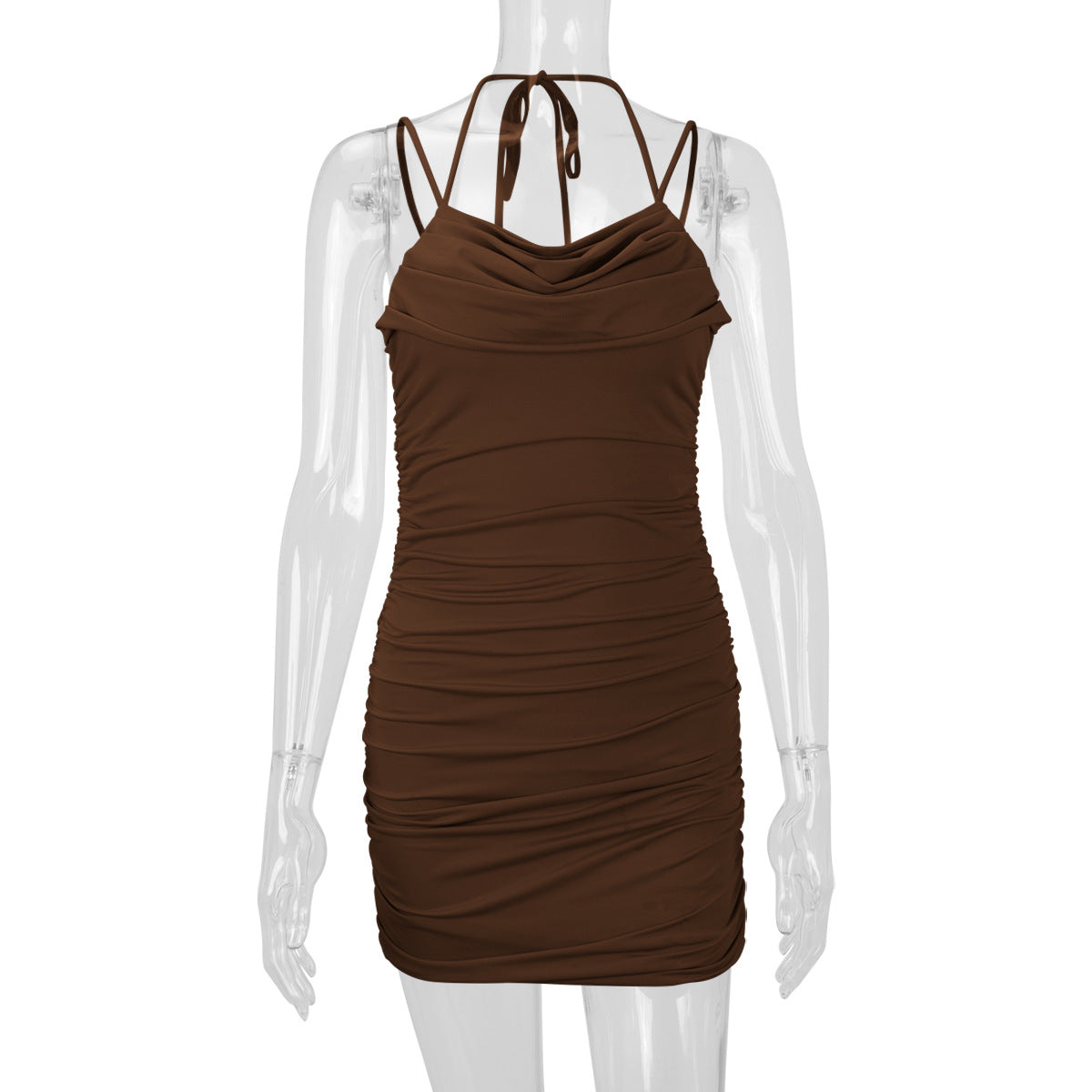 Women Clothing Sexy Double Shoulder Strap Pleated Slim Sexy Dress
