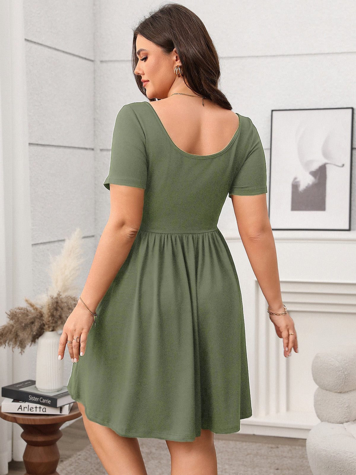 Plus Size Elegant Women Clothing Spring Summer Short Sleeve Square Collar Solid Color Slimming Dress