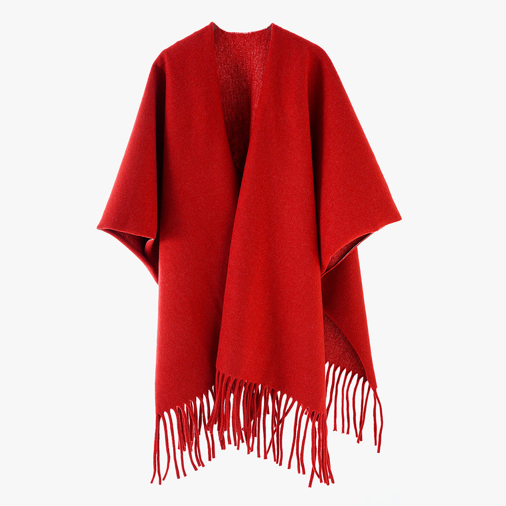 Solid Color All Matching Cashmere Tassel Shawl for Women Fall Winter Retro Travel Warm Outerwear Cloak Robe