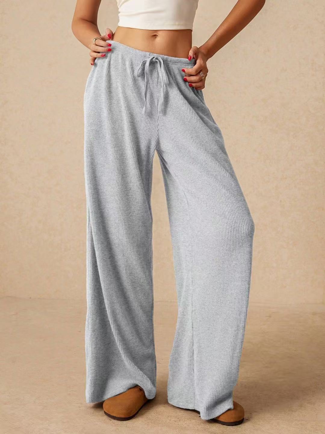 Women Clothing Casual Loose Fall Winter Elegant Wide Leg Pants Trousers Elastic Waist Women