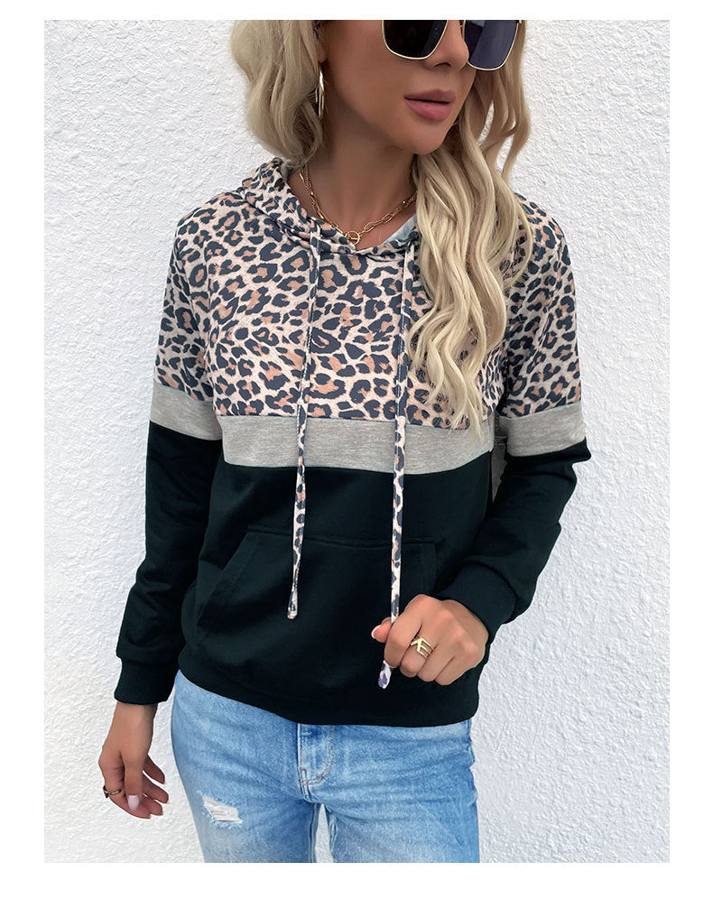 Autumn Women Clothing With Pocket Hoodie With Drawstrings Stitching Leopard Print Sweatshirt