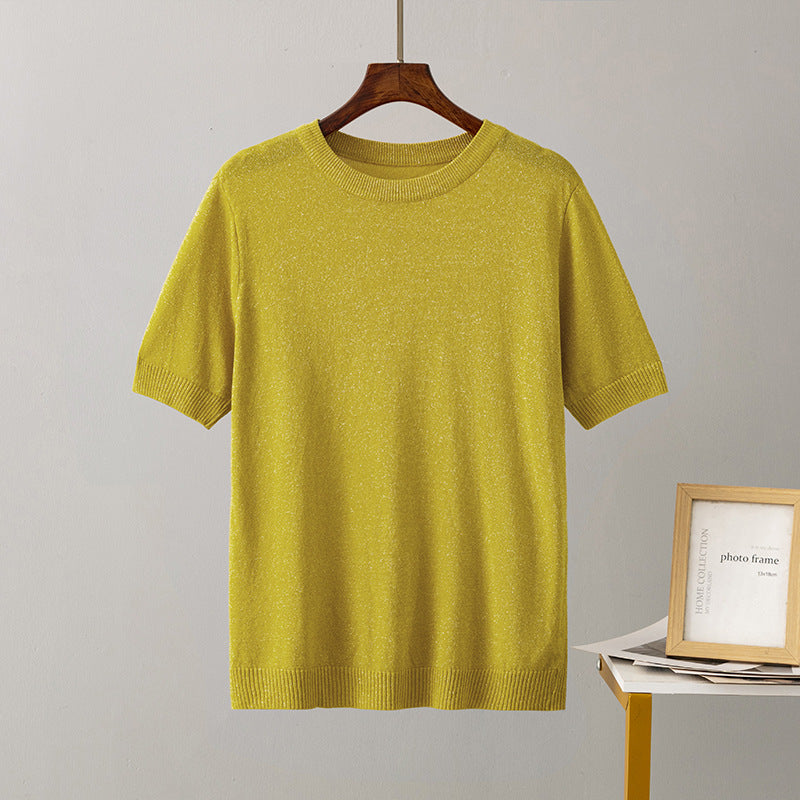Women Clothing Summer Bright Silk Slim Fit Slimming Short Sleeved Sweater Pullover Top T shirt Bottoming Shirt