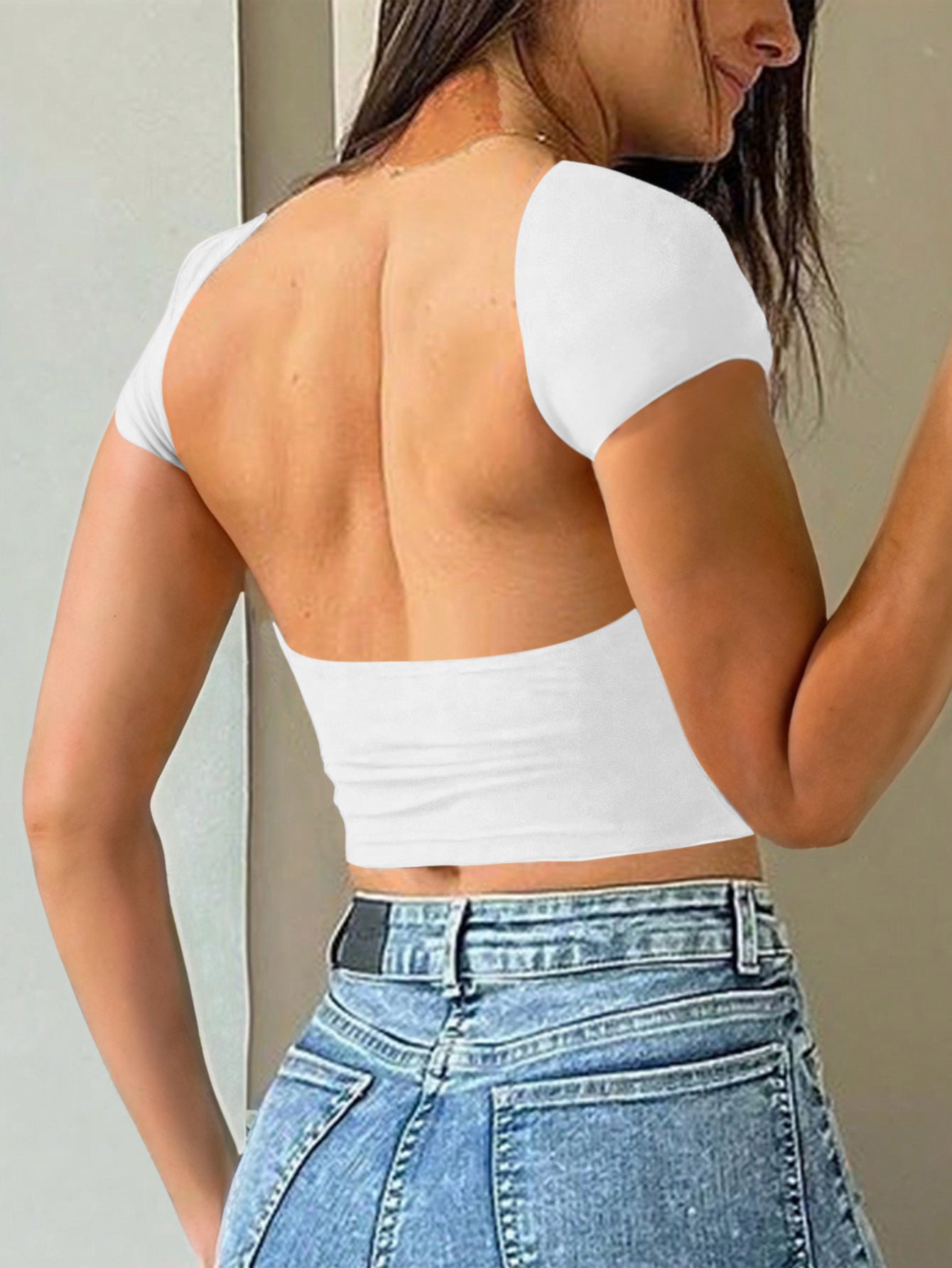 Spring Summer Solid Color round Neck Exposed Back Short Sleeve Sexy Slim Top T shirt Women Clothing