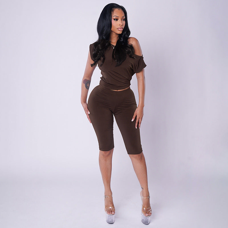 Women Clothing Autumn Solid Color One Shoulder Short Sleeve Top Tight Capri Pants Two Piece Set