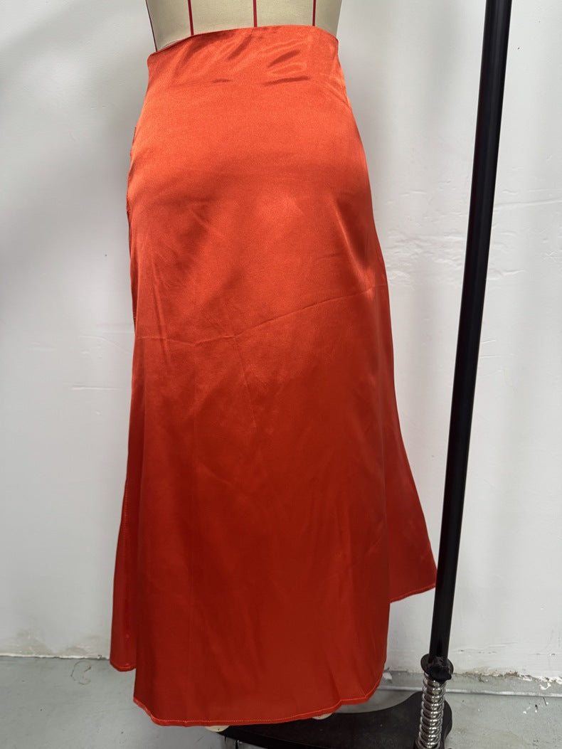 Women Clothing High Waist Slit Satin Long Skirt Pleated Skirt Zipper Fishtail Hip Skirt