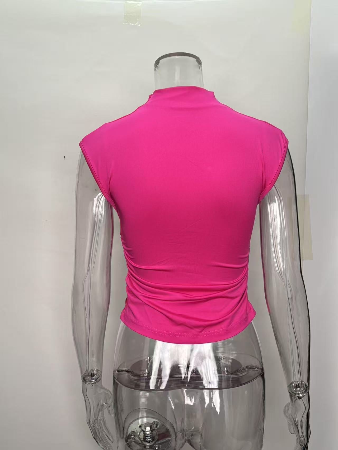 Women Clothing Summer Half Turtleneck Solid Color Pleated Slim Sleeveless Simple Comfortable Top Women