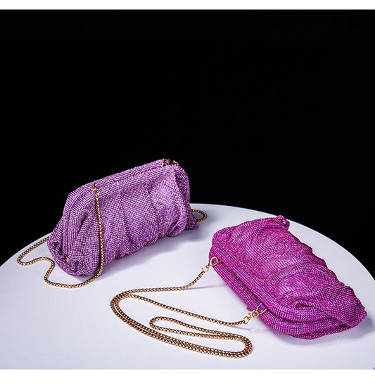 High Grade Diamond Studded by Hand Clutch Pleated Chain Rhinestone Cloud Clip Dinner Bag One Shoulder Crossbody Bag