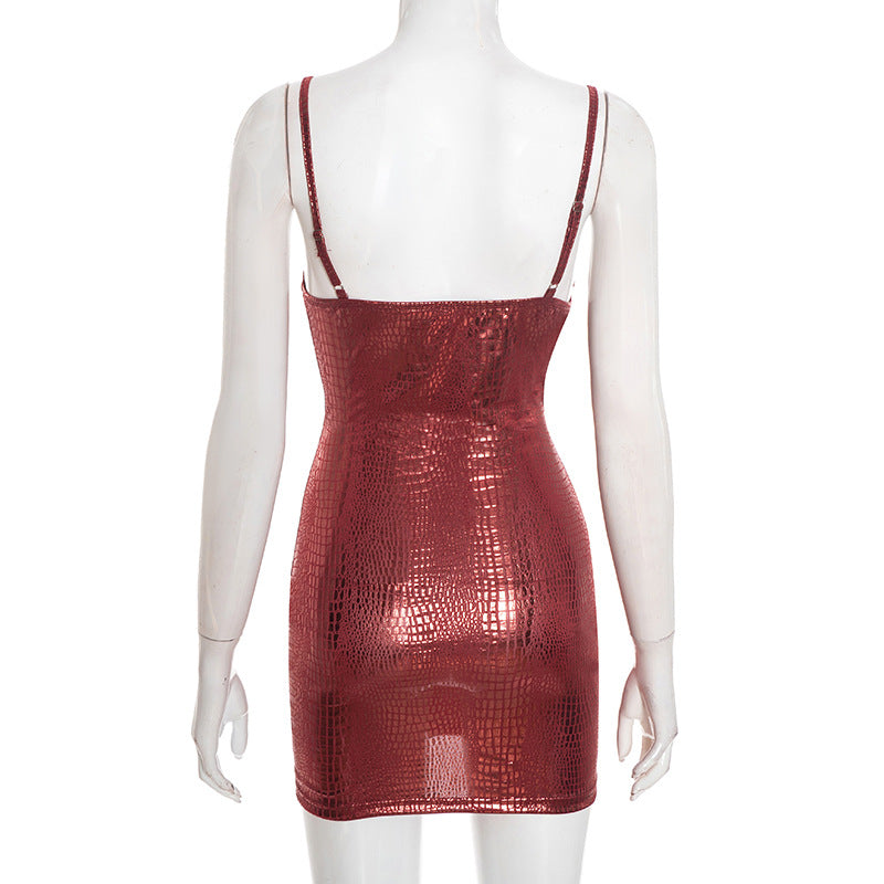 Women Clothing Winter Solid Color Sleeveless Stitching Bronzing Strap Tight Short Dress
