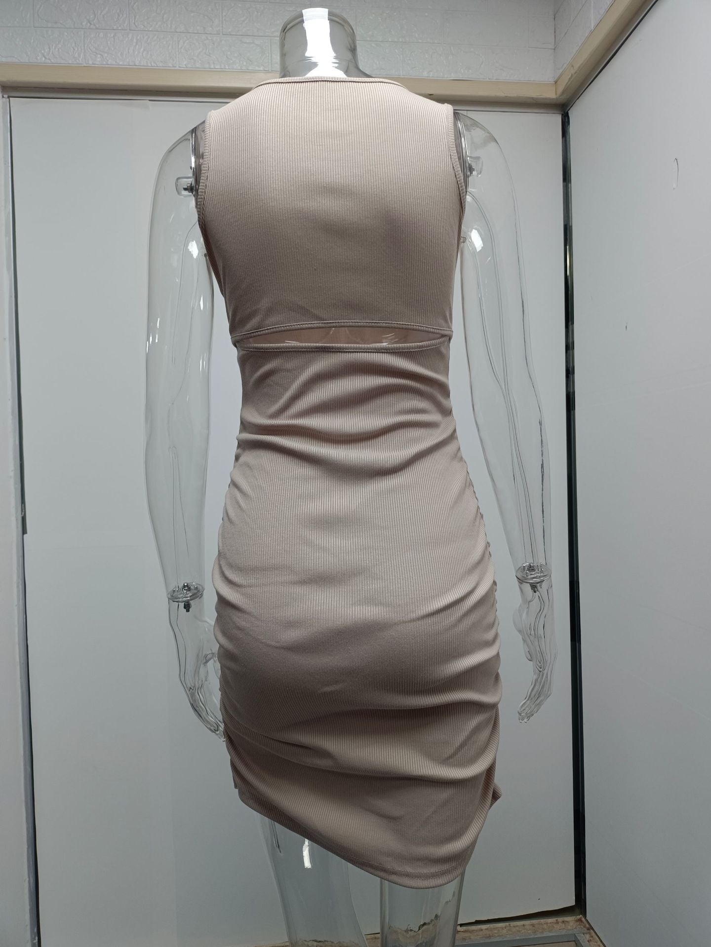Hollow Out Cutout Vest Sexy Topless Pleated Slim Sheath Sleeveless Dress for Women