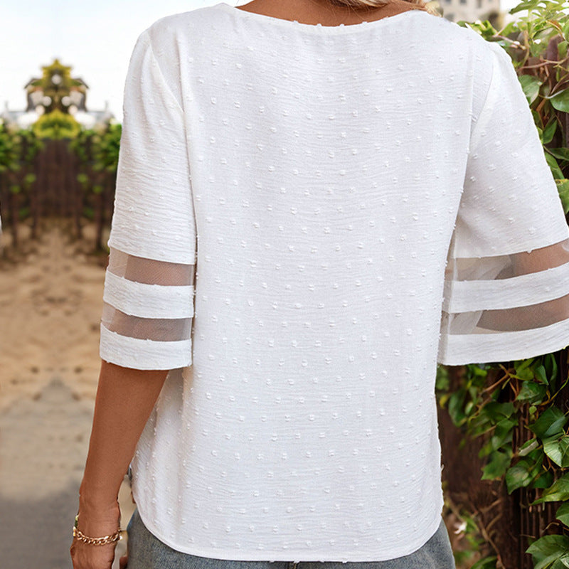Summer Women Gauze Stitching Half Sleeve White Top for Women