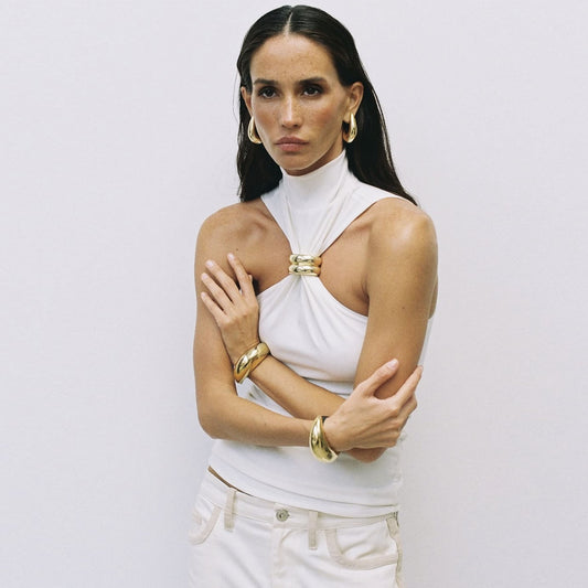 Spring Summer Women Gold Ring Sleeveless Cold Shoulder Stretch Top
