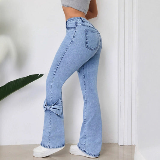 Women Clothing Washed High Waist Bootcut Trousers Denim Trousers