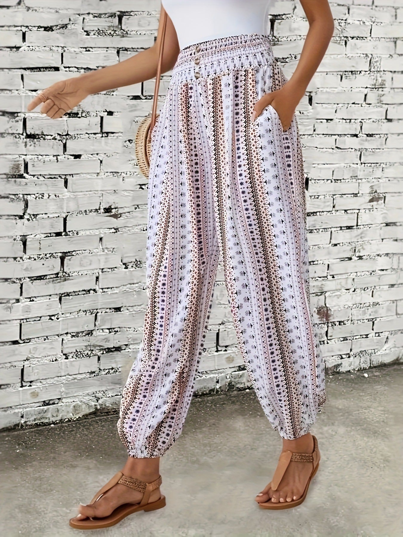 Spring Summer Women Clothing Bohemian Ethnic Print Loose Slimming Draping Effect Elastic Waist Ankle Tied Casual Pants