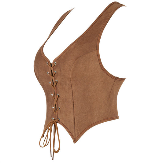 Dark Brown Double Shoulder Strap Backless Vest Top