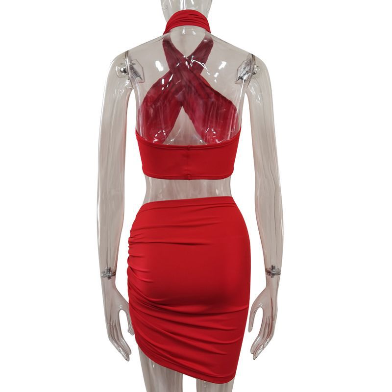 Clothing Women Clothing Sexy Slim Set Lace up Halter Vest Drawstring Stitching Skirt Set