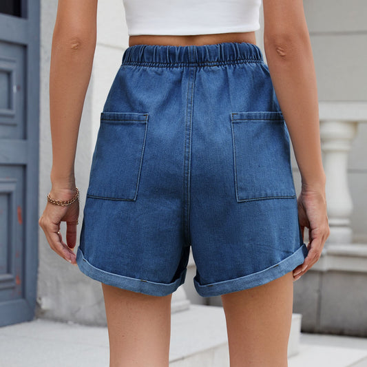 Summer Washed Curling Elastic Waistband Lace up Denim Shorts Women