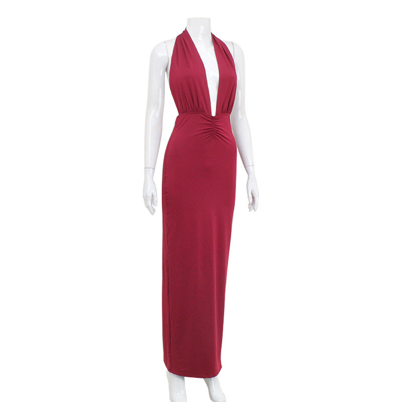 Women Sexy V neck Halter Backless Pleated High Waist Solid Color Dress Formal Dress