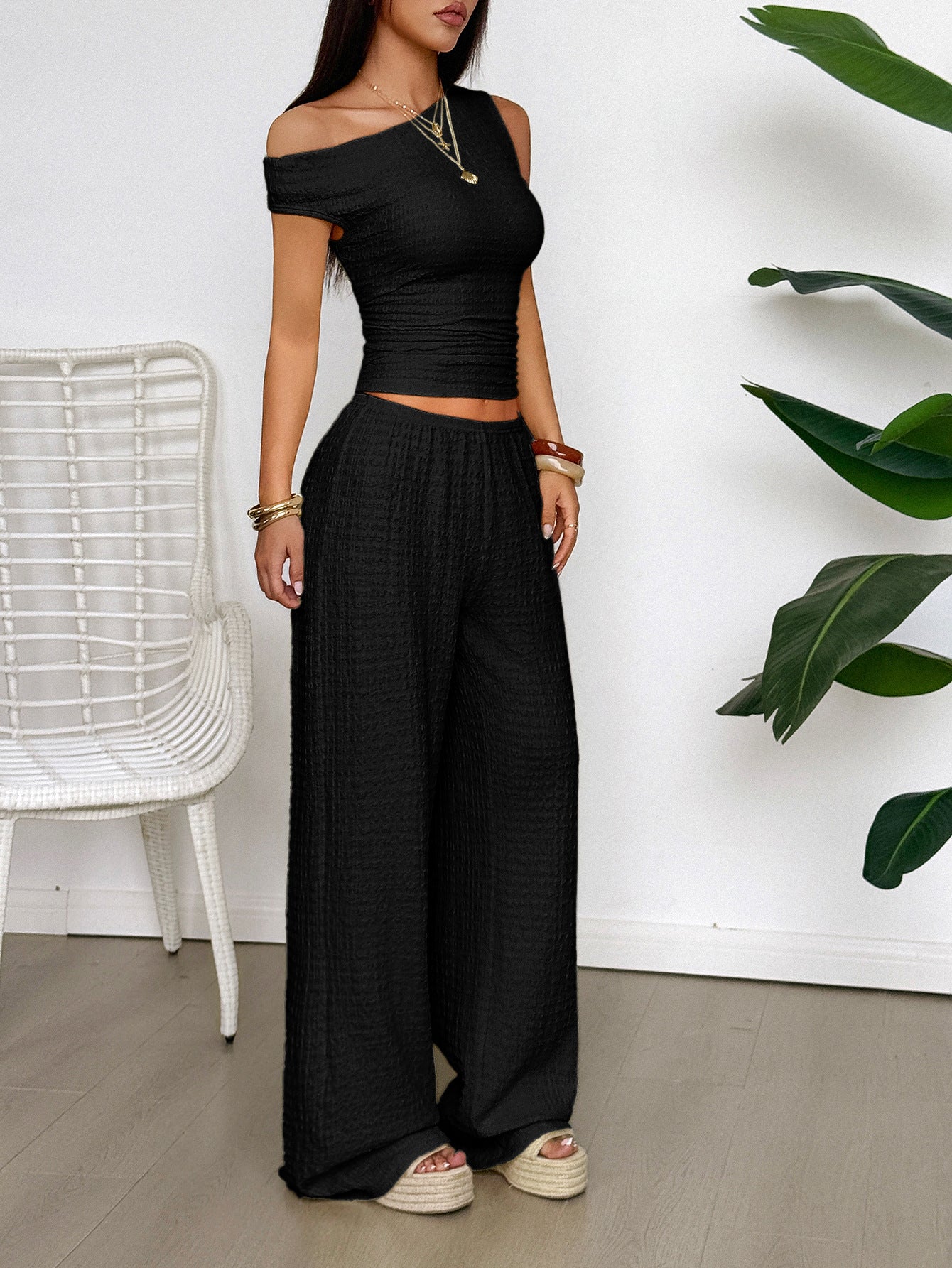 Casual Vacation Vest Wide Leg Trousers Two Piece Set Women Clothing Spring Summer