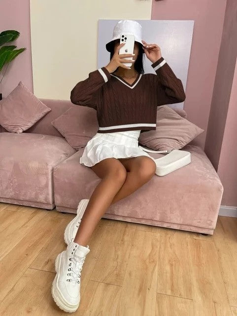 V neck Long Sleeve Knitwear Sweater Women Pullover Autumn Short Solid Color