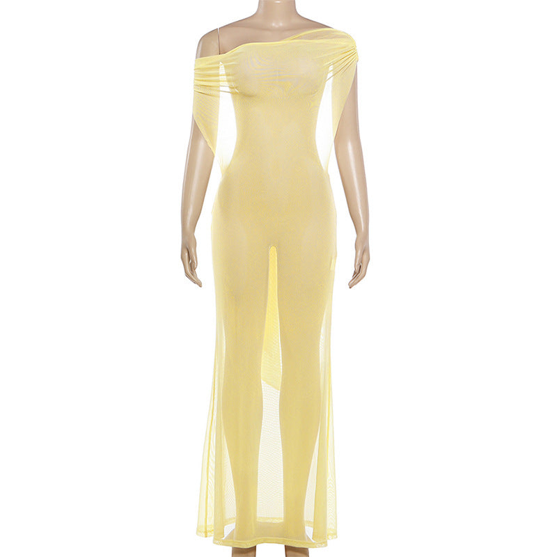 Spring Women Solid Color Sexy Sheer Mesh Design Backless Sheath Dress