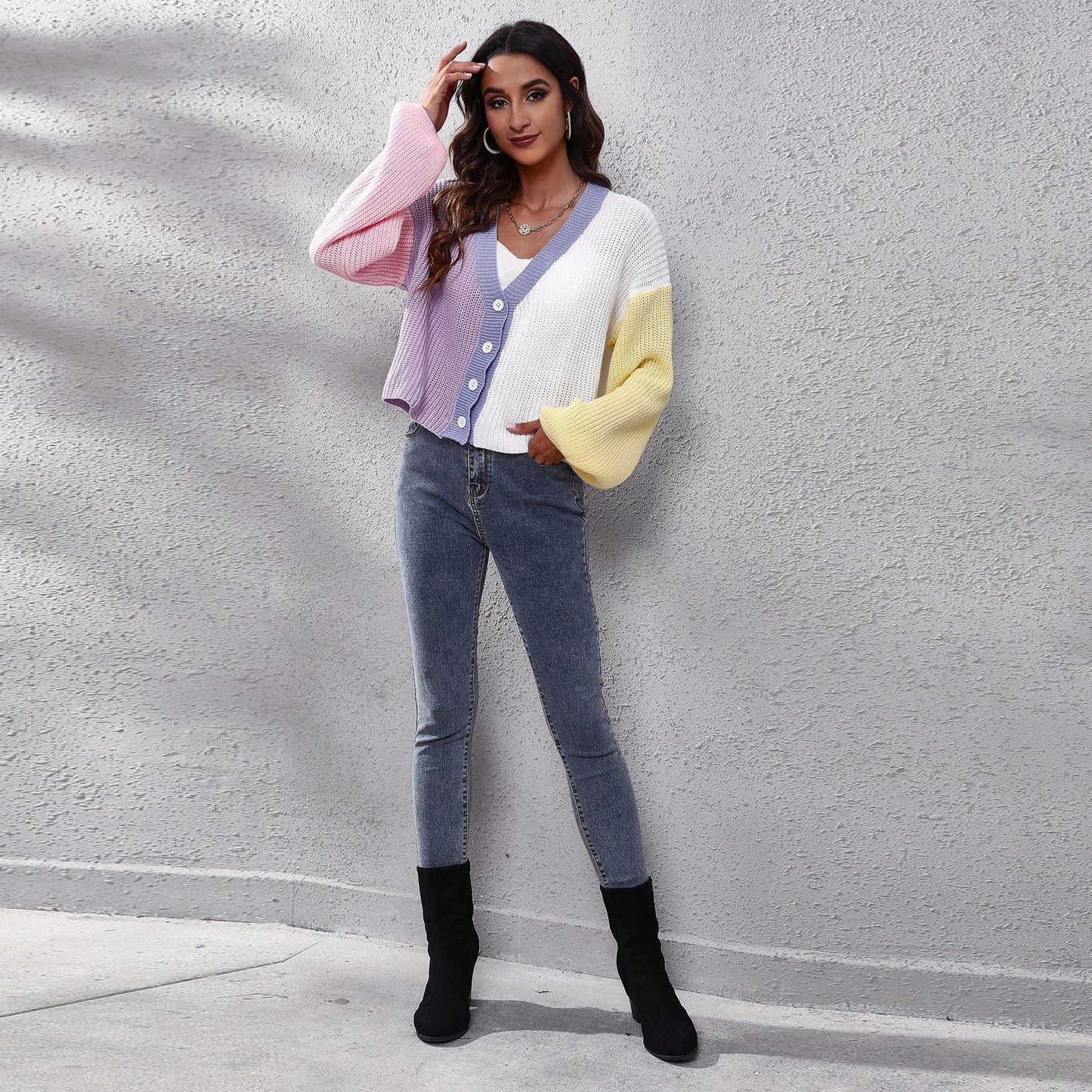 Popular Contrast Color Knitted Cardigan Color Matching Lantern Sleeve Short Sweater for Women Loose