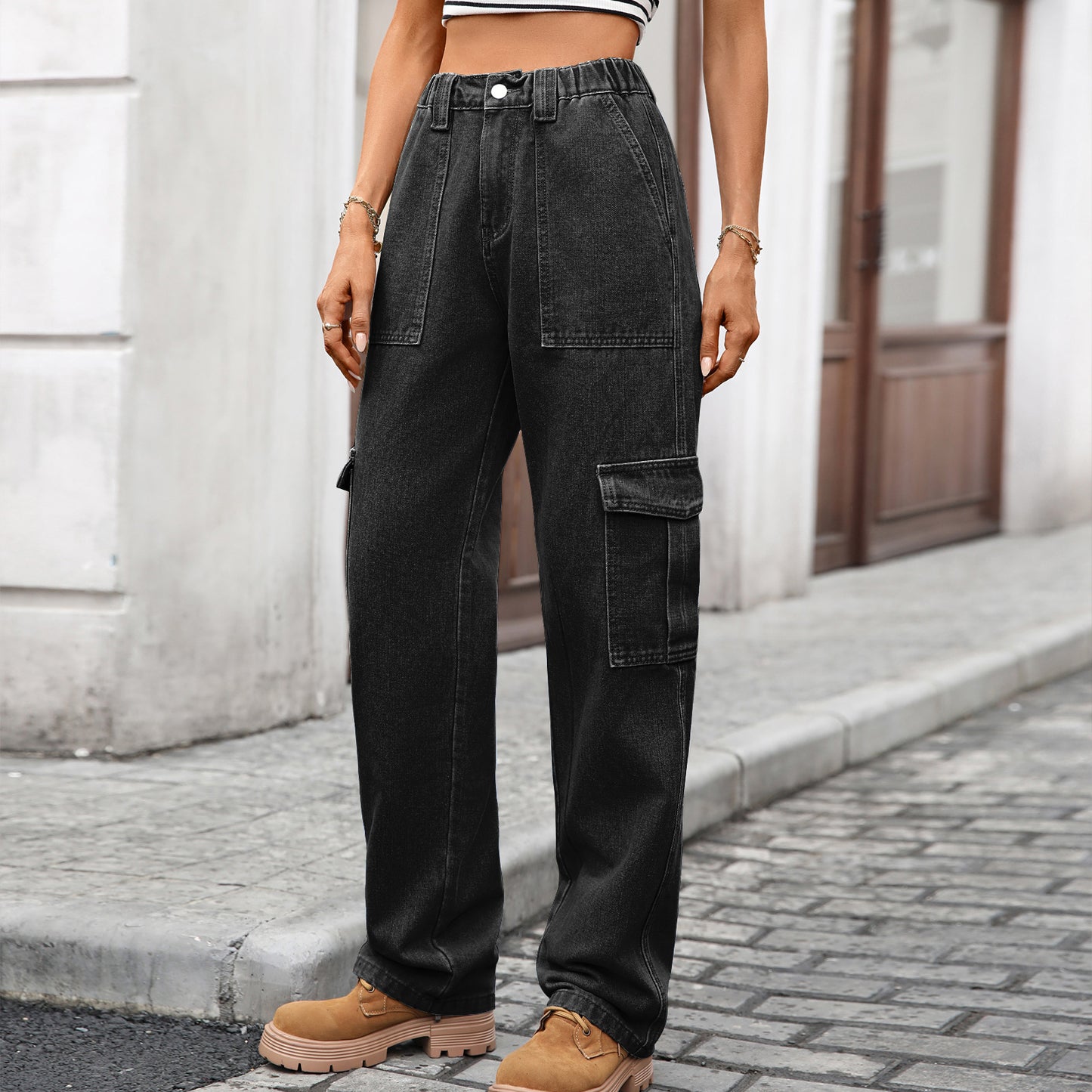 Cargo Jeans Women Autumn Winter Multi Pocket Denim Wide Leg